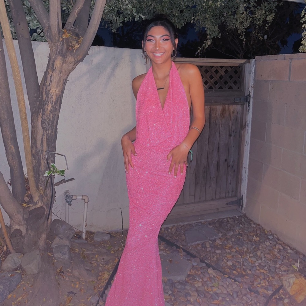 Floor length halter pink dress